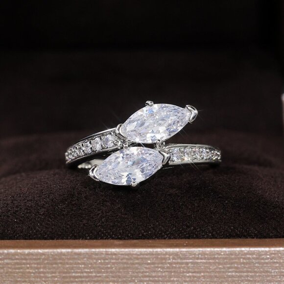 🔥Beautiful Twisted Double Marquis Pure CZ Silver Trendy Fashion Ring, K912 - Picture 9 of 11